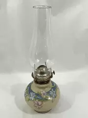 Vintage Kaadan Ltd Oil Lamp Beige with Pink & Blue Lilies 14.5" Tall