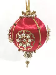 Handcrafted Red Silk Christmas Ornament with Pearl Push Pins & Gold Beads
