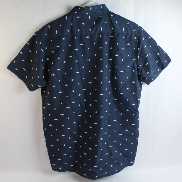 Molokai Surf Co. Men's Dark Blue Shark Pattern Collar Button Up Shirt Size Large