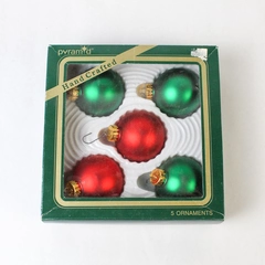 Vintage Set of 5 Pyramid Green and Red Glass Ball Christmas Ornaments