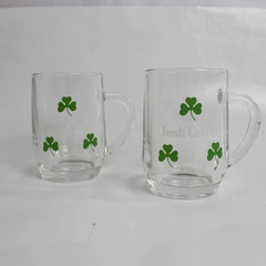 Set of 2 Clear Glass Mugs With Shamrocks Clovers Words Irish Coffee Dining Decor