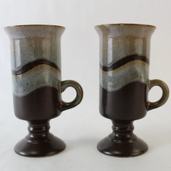 Set of 2 Vintage 1970s Brown Gray Stoneware Pedestal Irish Coffee Mugs 