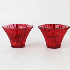 2 Vintage Dark Cranberry Ribbed Dual Taper Or Votive Candle Holders