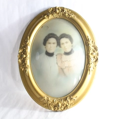 Antique Hand Painted Picture of 2 Women in Gold Toned Frame Collectible