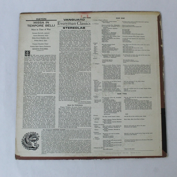 Haydn Mass In Time Of War 1965 LP Vanguard SRV-153 Woldike Davarath Dermota