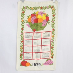Vintage 1974 HBI Tea Towel Calendar Cream Green Red Fruit Basket Collectible