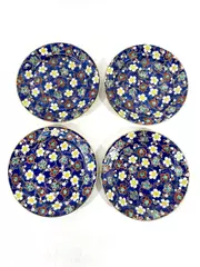4 Vintage Hand Painted Cobalt Blue Porcelain Plates Floral Gold Trim 7.25"
