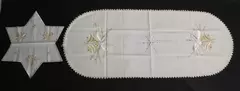 Beige Woven Linen Table Runner & Star Doily Set with Gold Bell Embroidery
