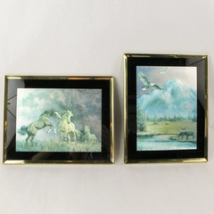 Lot of 2 Holographic Foil Art Prints Framed And Matted Eagles Horses Home Decor