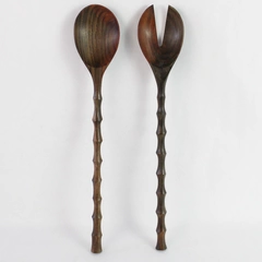 Set of 2 Dark Brown Carved Wooden Salad Serving Utensils