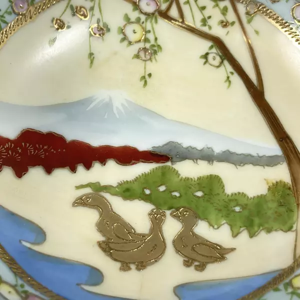 Hand Painted Noritake Bowl 3 Gold Geese With Mt Fuji And A Blooming Cherry Tree