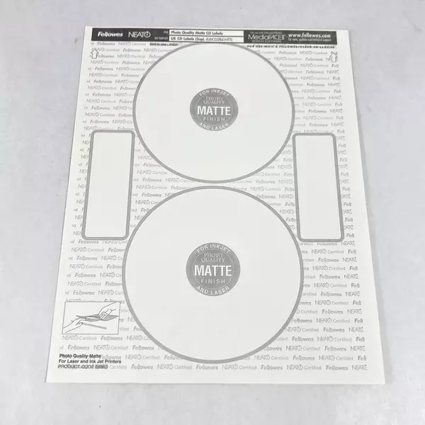 Fellowes Neato CD/DVD Photo Quality Matte Labels 99941 Open Box 72 Labels Left