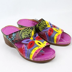 Bright Pink Wedge Slide Easy Fasten Floral Sandals Women's US Size 9