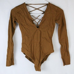 Forever 21 Body Suit Women's Size Small Brown Criss Cross Long Sleeve Snaps