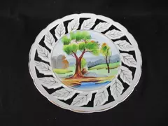 Vintage Porcelain Plate Hand Painted Landscape Scene With Cut Leaves