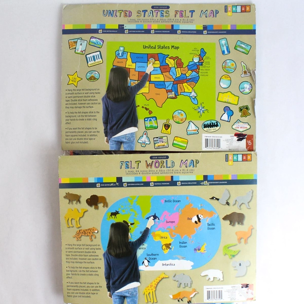 Lot of 2 Horizon Group Felt Maps Pre-K World & United States 24 Icons Each