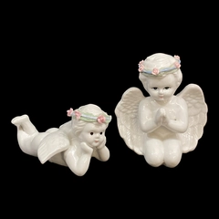 Set of 2 White Ceramic Cherubs Wearing Halos With Pink Roses