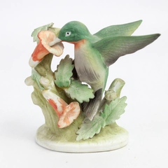 Vintage Lefton Porcelain Bisque Green Hummingbird Orange Hibiscus Figurine 3.5"