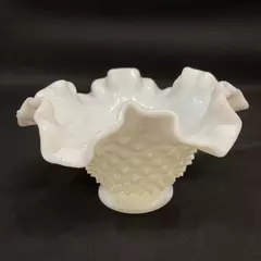 Fenton Milk Glass Hobnail And Ruffled Edge Footed Compote 6.75in Diameter