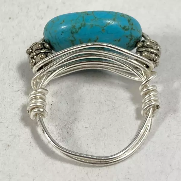 Handmade Turquoise Nugget And Silver-Toned Wire Ring Size 6