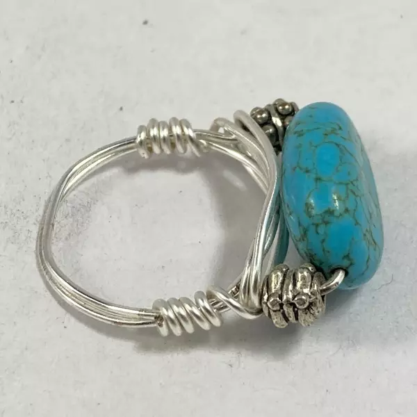 Handmade Turquoise Nugget And Silver-Toned Wire Ring Size 6