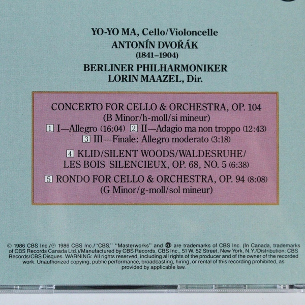Dvorak Cello Concerto CD Yo-Yo Ma Lorin Maazel CBS Masterworks 1986