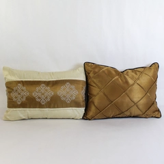 Woven Sateen Throw Pillows Set Golden Beige & Quilted Accents 2 Pieces