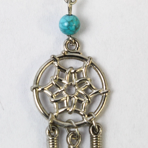 DreamCatcher Key Chain Keyring Silver Tone Simulated Turquoise Dangle Feathers