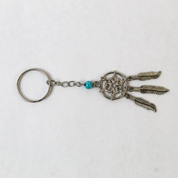 DreamCatcher Key Chain Keyring Silver Tone Simulated Turquoise Dangle Feathers
