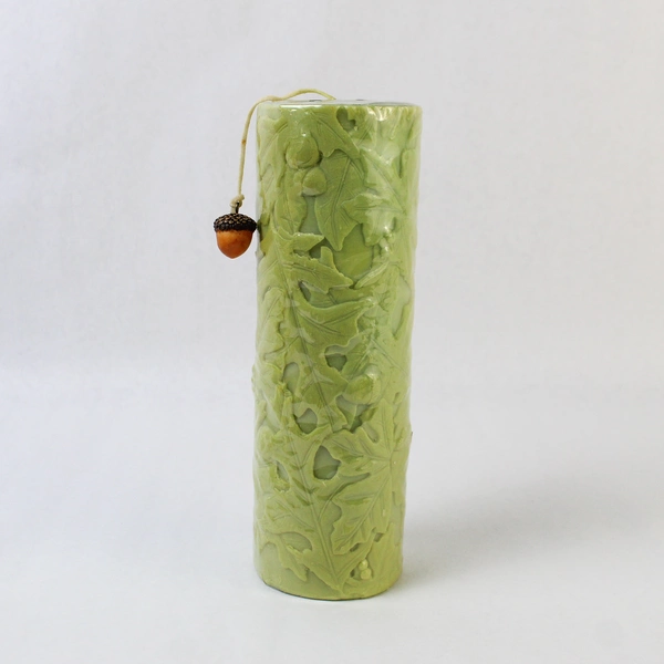 Set of 3 Hallmark Green-Yellow Leaf and Acorn Pattern Candles 9", 6" & 3" Tall