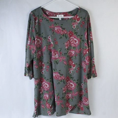D & Co Tunic Top Women's Plus Size 1X Green Pink Floral Pullover 3/4 Sleeves
