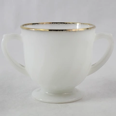 Vintage Fire King Sugar Bowl Milk Glass Double Handle Gold Trim