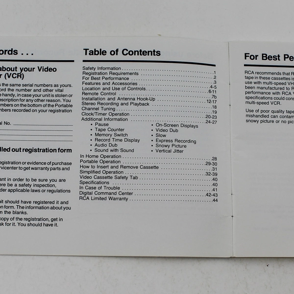 RCA VKP900 Video Cassette Recorder Owner's Manual Good Condition