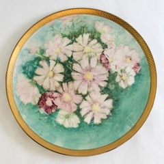 Hand Painted Decorative Floral Plate 8" Teal Pink Gold Trim Wall Plaque