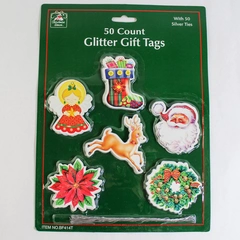 Vintage Christmas House 50 Count Glitter Gift Tags with Silver Ties Angel Santa