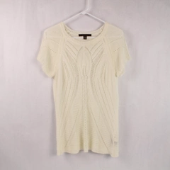 Fever Women's Cream Eyelet Top Shirt Medium Round Neck Short Sleeves