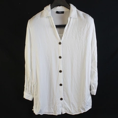 Bershka BSK Top Shirt Women's Size M White Stripes Long Sleeves Brown Buttons