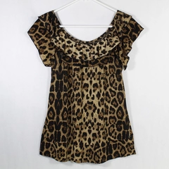 Essentials By Milano Top Women's Size M Animal Print Black Brown Ruffled