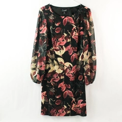 Connected Apparel Black Floral Midi Sheath Dress with Sheer Long Sleeves Size 4