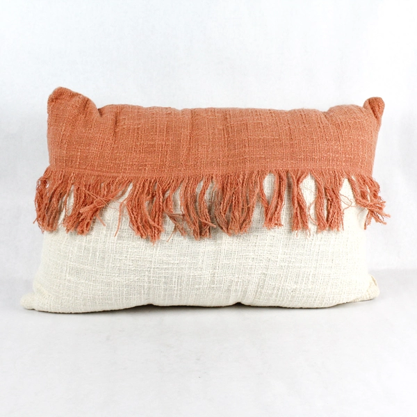 Unbranded Orange and Ivory Rectangle Throw Pillow with Fringe 14x22" Stained