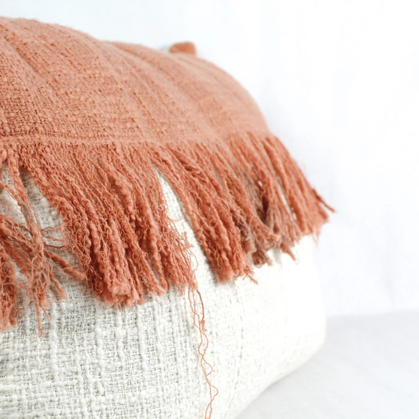 Unbranded Orange and Ivory Rectangle Throw Pillow with Fringe 14x22" Stained