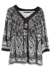Notations Women's Blouse Size M Black White Paisley 3/4 Sleeve Buckle Top