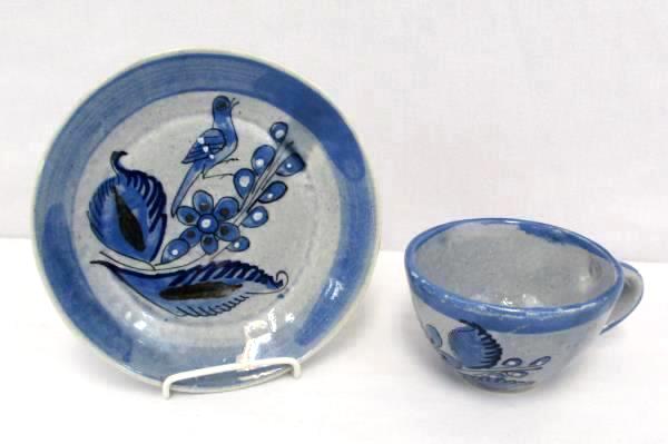 Vintage Mexican Clay Pottery Blue Gray Glazed Bird Floral Detail Cup and Saucer