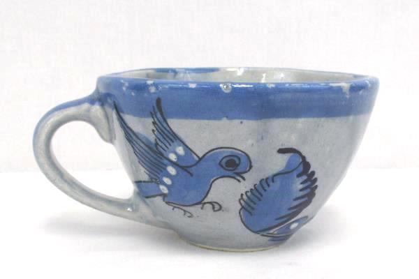 Vintage Mexican Clay Pottery Blue Gray Glazed Bird Floral Detail Cup and Saucer