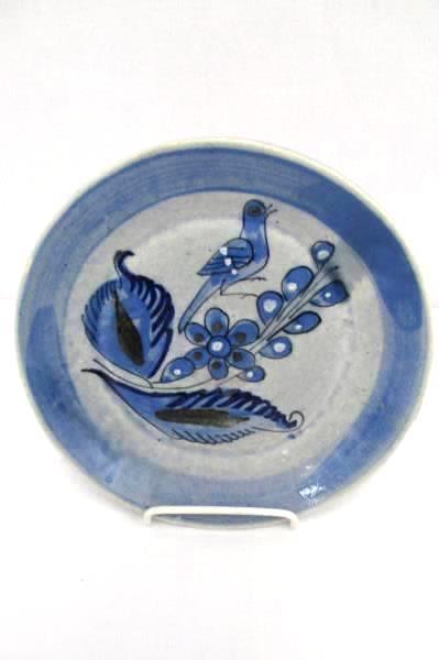 Vintage Mexican Clay Pottery Blue Gray Glazed Bird Floral Detail Cup and Saucer