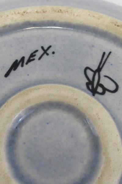 Vintage Mexican Clay Pottery Blue Gray Glazed Bird Floral Detail Cup and Saucer