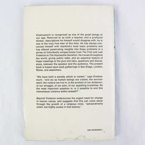 Beyond Violence by Jiddu Krishnamurti 1973 Harper & Row Publishers Paperback