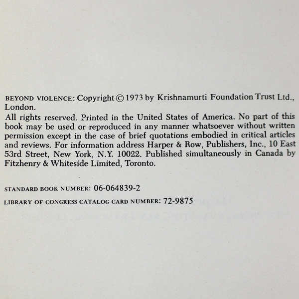 Beyond Violence by Jiddu Krishnamurti 1973 Harper & Row Publishers Paperback