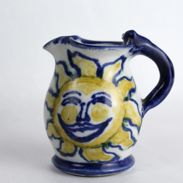Signed Handmade Pottery Whimsical Sun Design Mini Ceramic Pitcher 3"