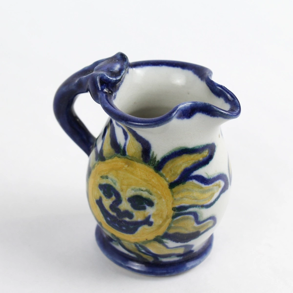 Signed Handmade Pottery Whimsical Sun Design Mini Ceramic Pitcher 3"